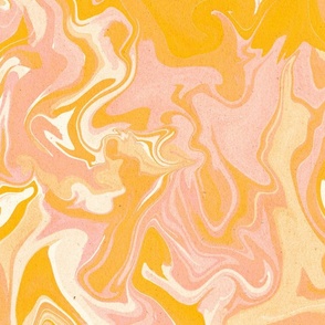 Large Scale retro marble paint swirl pattern in yellow and peach with a vintage paper texture