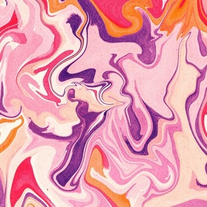 Large Scale retro marble paint swirl pattern in purple, peach, and pink with a vintage paper texture