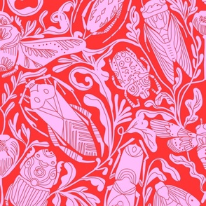 JUMBO Linocut Bugs Wallpaper Art Nouveau Art Deco Red Pink