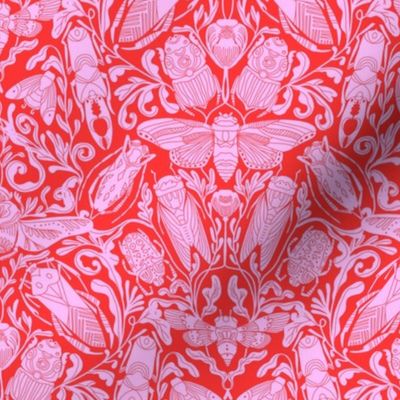 LARGE Linocut Bugs Wallpaper Art Nouveau Art Deco Red Pink 12in