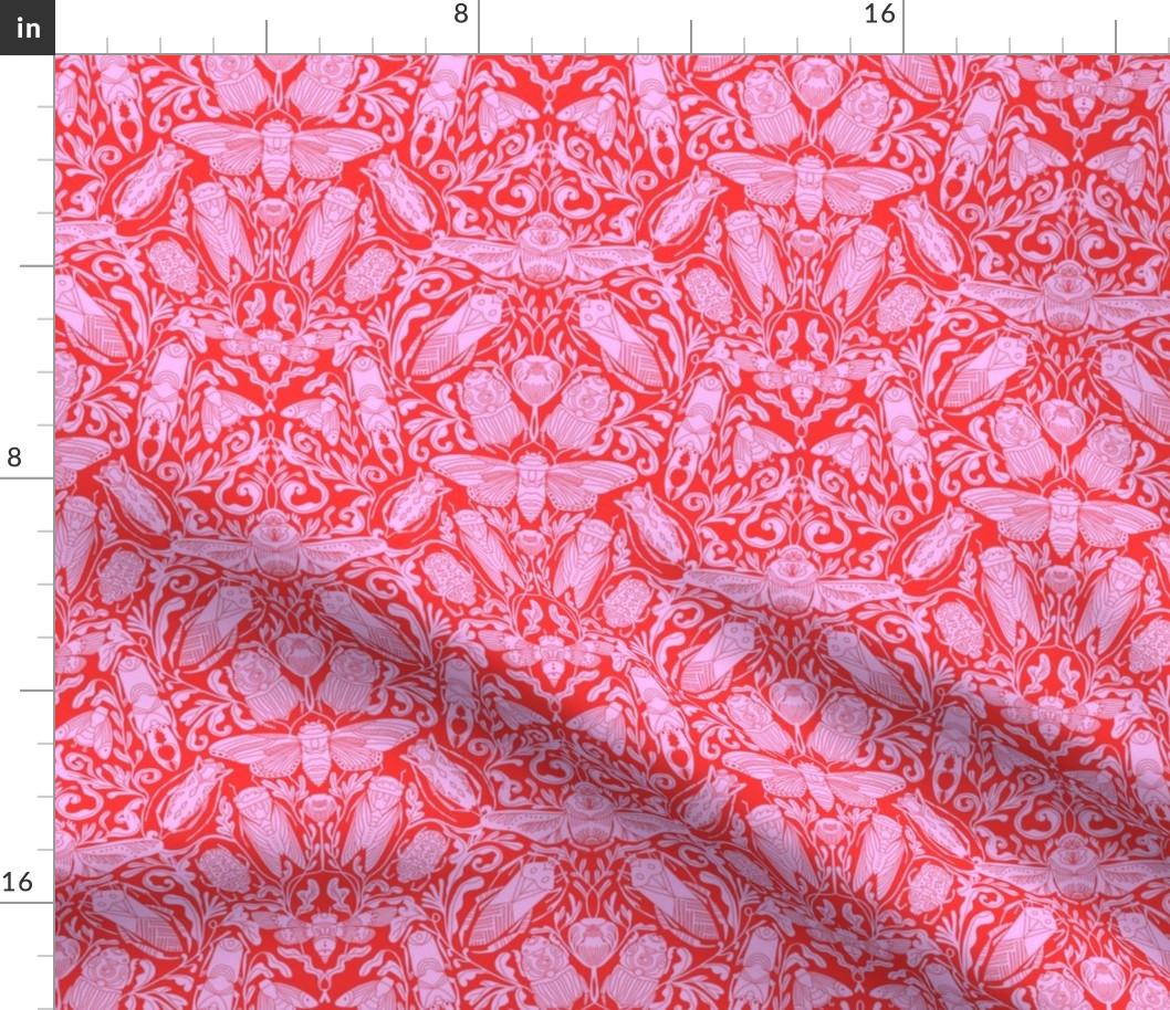 LARGE Linocut Bugs Wallpaper Art Nouveau Art Deco Red Pink 12in