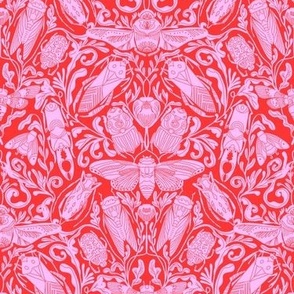 MEDIUM Linocut Bugs Wallpaper Art Nouveau Art Deco Red Pink 10in 