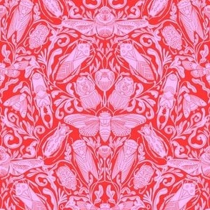 SMALL Linocut Bugs Wallpaper Art Nouveau Art Deco Red Pink 8in