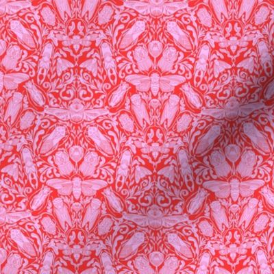XSMALL Linocut Bugs Wallpaper Art Nouveau Art Deco Red Pink 6in