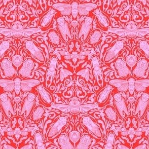 XSMALL Linocut Bugs Wallpaper Art Nouveau Art Deco Red Pink 6in