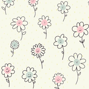 Polka Dots Little Flowers Doodle | Mint Green and Blush