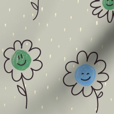 Polka Dots Little flowers Doodle | Green and Blue