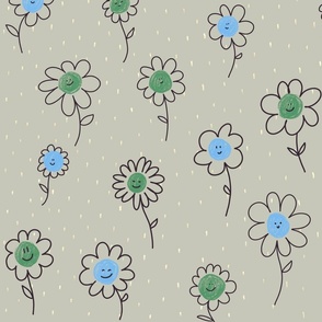 Polka Dots Little flowers Doodle | Green and Blue