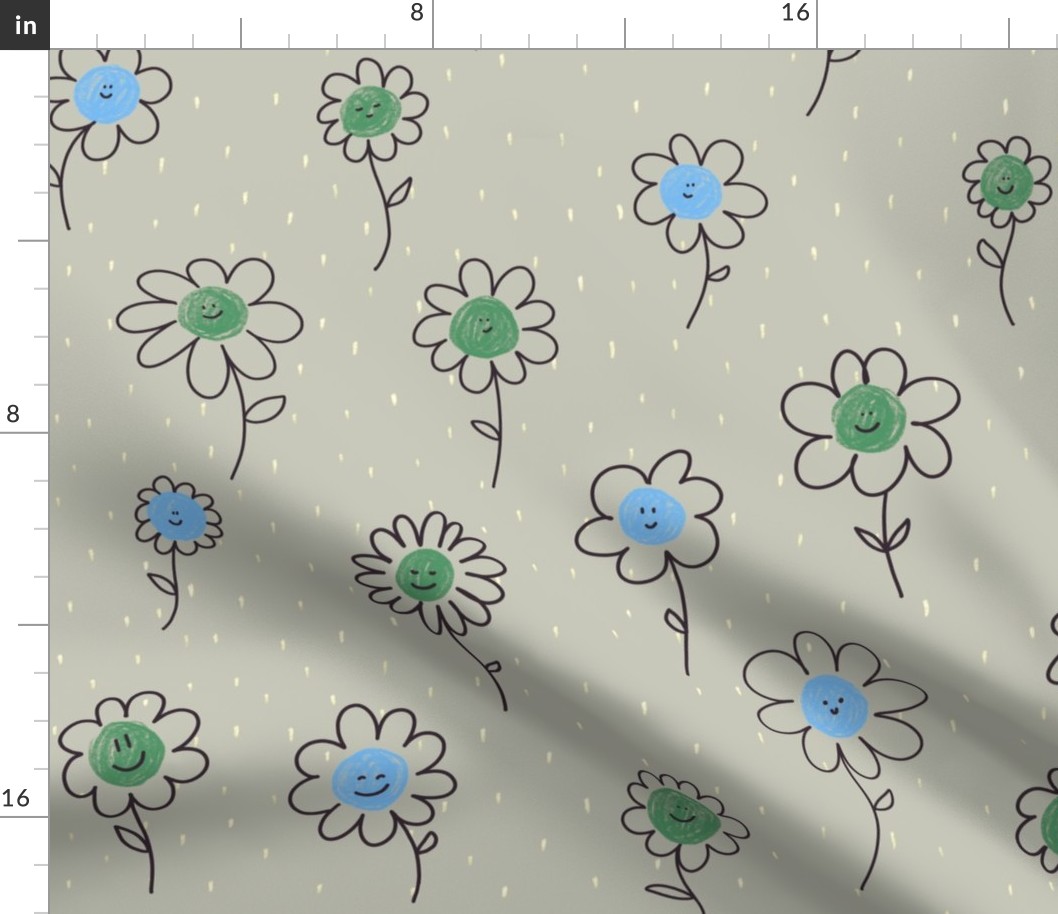 Polka Dots Little flowers Doodle | Green and Blue