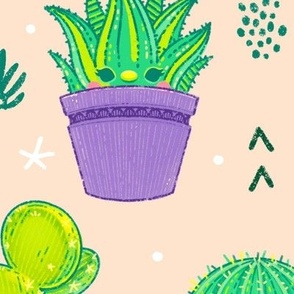 Cacti and Succulents Friends Pattern - Pink Background - Large Scale