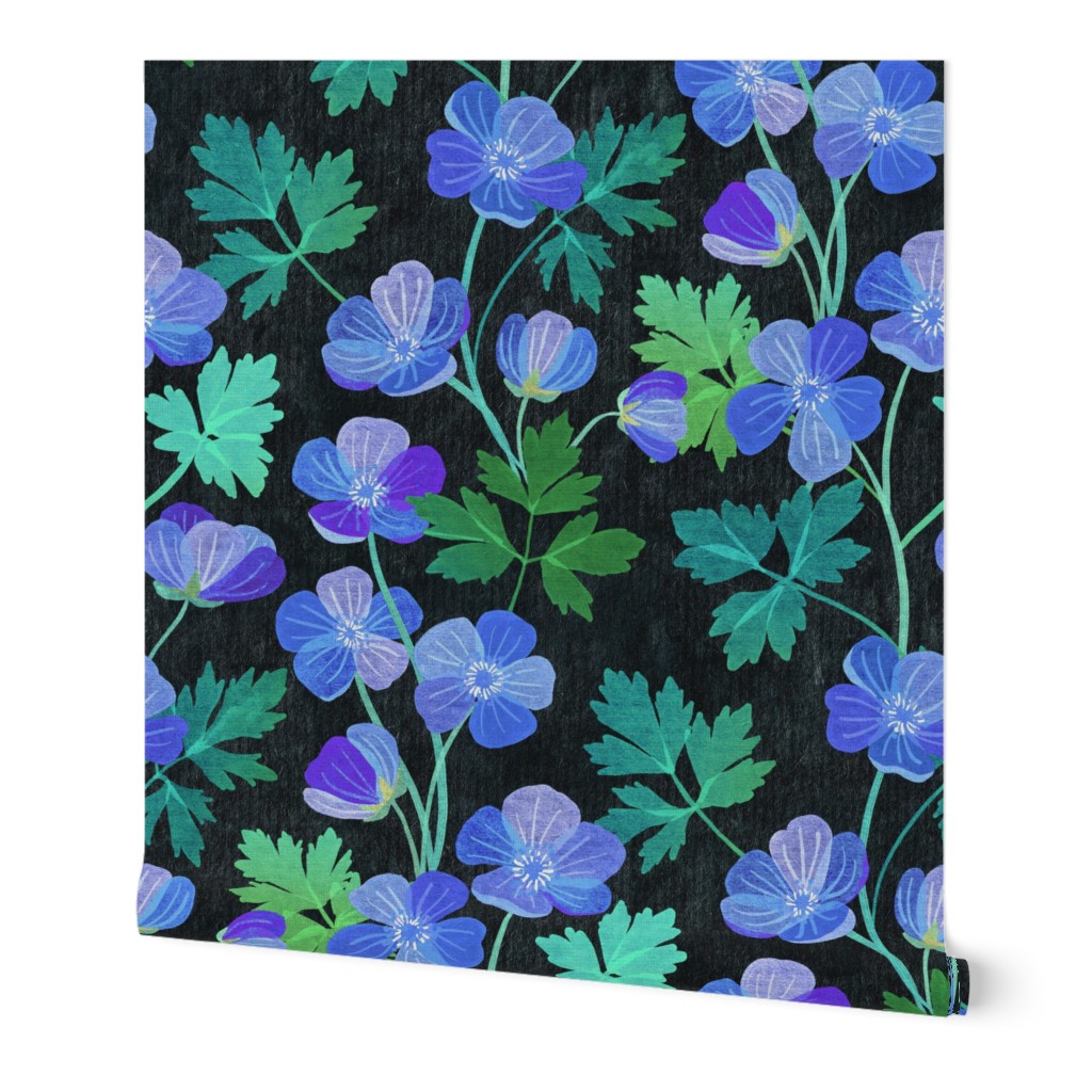 Teal and Purple Floral on Dark Textured Background - large