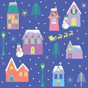 Christmas town houses santas sleigh snowman dark blue