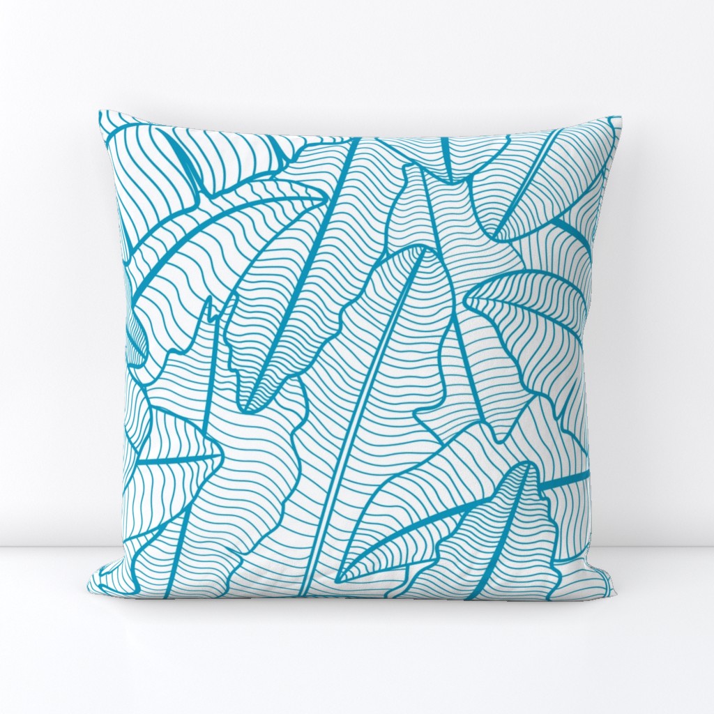 Tropical Banana Leaves Line Art - Caribbean Blue