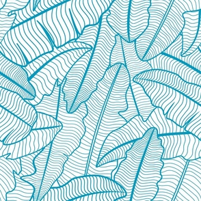 Tropical Banana Leaves Line Art - Caribbean Blue