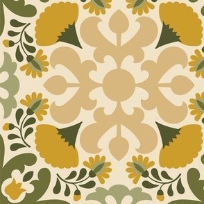 Vintage Marigold Floral Pattern, Yellow and Green