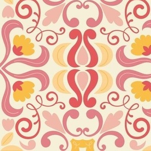 Pink and Yellow Summer Floral Pattern, Folk Art Flowers