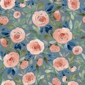 Medium - Hand Painted Watercolour Botanical Garden Florals - Roses, Foliage, Leaves - Blush Pink, Beige,  Cobalt Blue