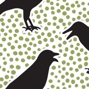 Black Crows on White with Moss Green Polka Dots