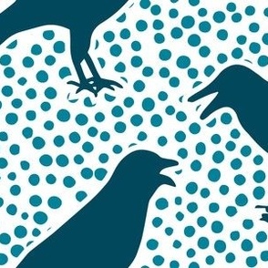 Deep Teal Crows on White with Bright Teal Polka Dots