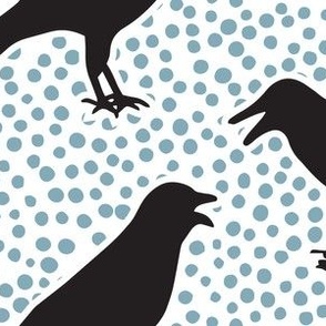 Black Crows on White with Soft Blue Gray Polka Dots