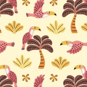 Graphic pink toucans and palm trees - tropical exotic birds of Iguazu jungle