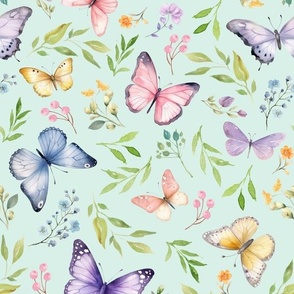 Butterflies Lg – Girly Colorful Butterfly Fabric, Garden Floral, Flowers & Butterflies Fabric (soft mint)