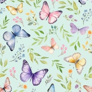 Butterflies Md – Girly Colorful Butterfly Fabric, Garden Floral, Flowers & Butterflies Fabric (soft mint)
