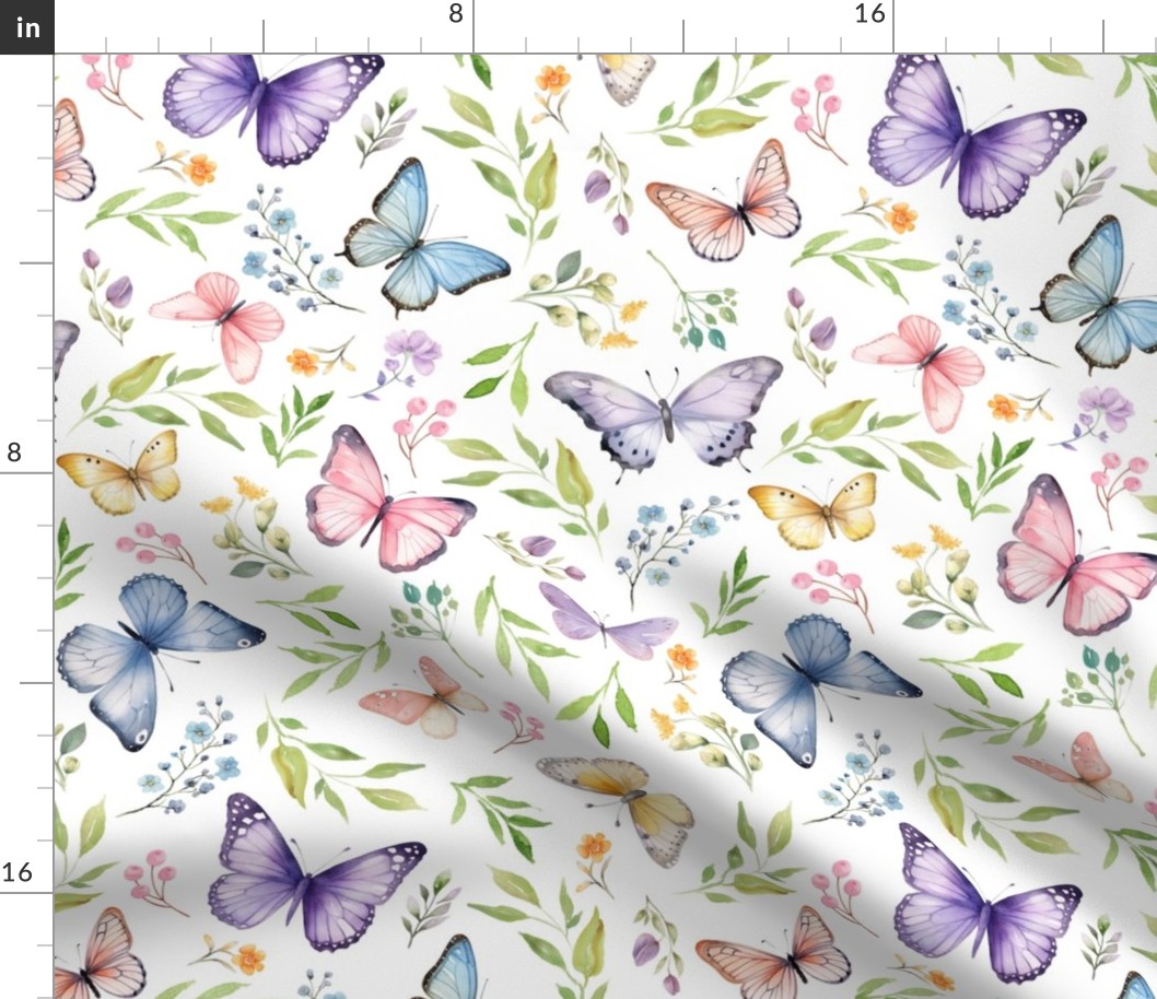 Butterflies Lg – Girly Colorful Butterfly Fabric, Garden Floral, Flowers & Butterflies Fabric (white)