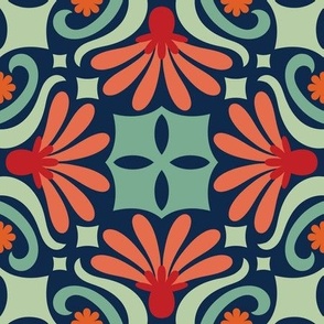 Navy Blue, Peach, Red, and Teal Retro Flowers
