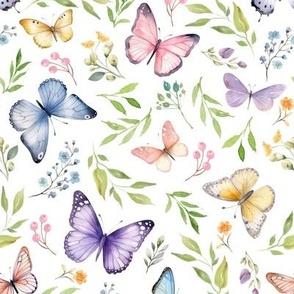 Butterflies Md – Girly Colorful Butterfly Fabric, Garden Floral, Flowers & Butterflies Fabric (white)