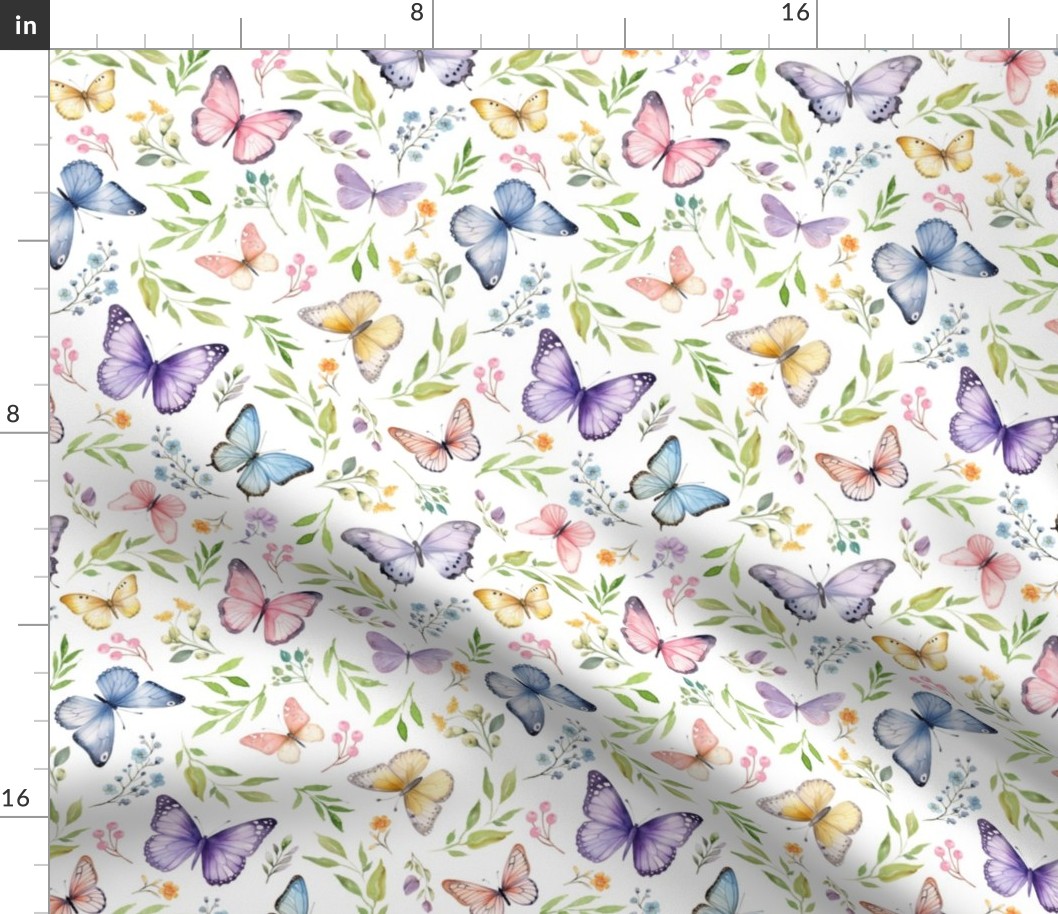 Butterflies Md – Girly Colorful Butterfly Fabric, Garden Floral, Flowers & Butterflies Fabric (white)