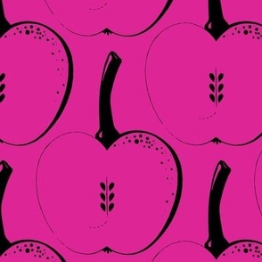 Outline of apples, Black on a hot pink background, Large scale