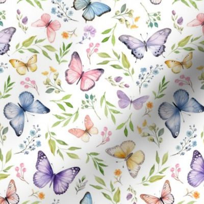 Butterflies Sm – Girly Colorful Butterfly Fabric, Garden Floral, Flowers & Butterflies Fabric (white)