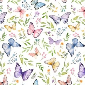 Butterflies Sm – Girly Colorful Butterfly Fabric, Garden Floral, Flowers & Butterflies Fabric (white)