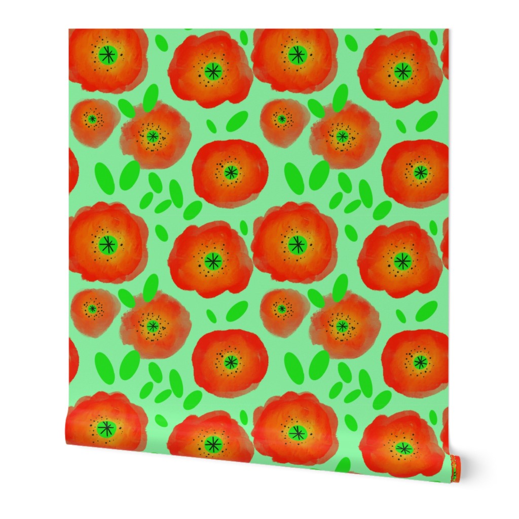 Red Orange Poppy Mint Background Medium