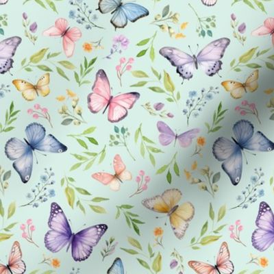Butterflies Sm – Girly Colorful Butterfly Fabric, Garden Floral, Flowers & Butterflies Fabric (soft mint)