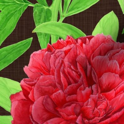 Elegant Watercolour Red Peony on Brown - Large Scale