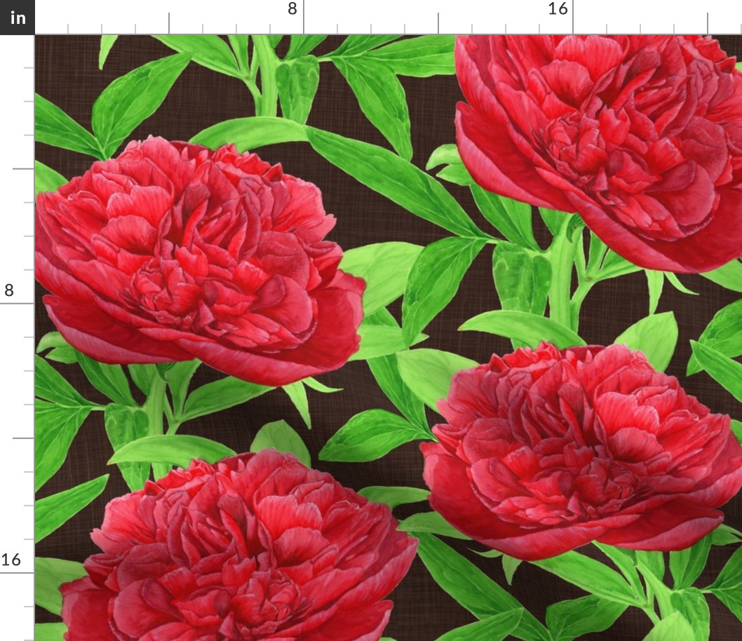 Elegant Watercolour Red Peony on Brown - Large Scale