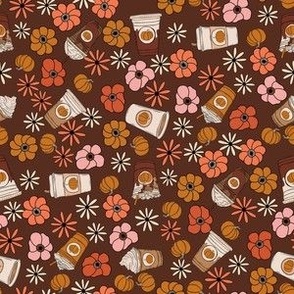 XSMALL PSL pumpkin spice latte fabric floral retro fall flowers brown 6in