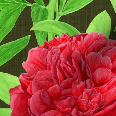 Elegant Watercolour Red Peony on Moss - Red Peony on Moss - Large Scale