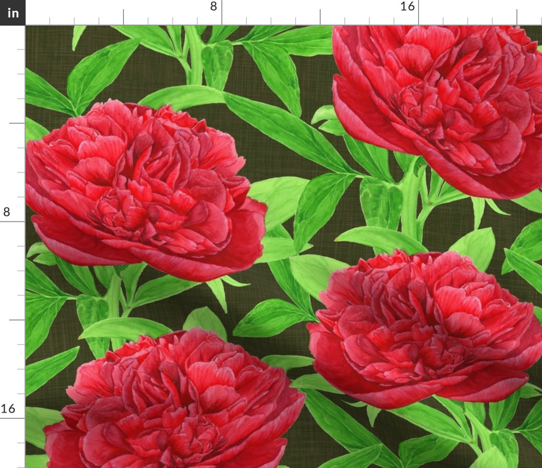 Elegant Watercolour Red Peony on Moss - Red Peony on Moss - Large Scale