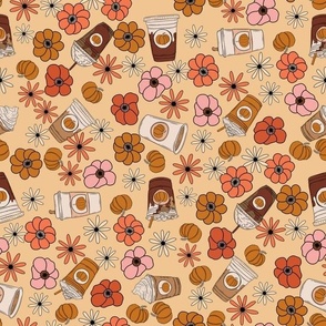 LARGE PSL pumpkin spice latte fabric floral retro fall flowers cream 12in