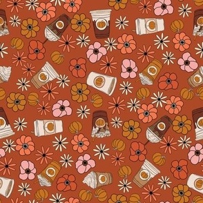 SMALL PSL pumpkin spice latte fabric floral retro fall flowers rust 8in