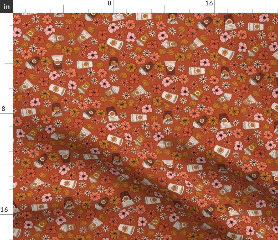 SMALL PSL pumpkin spice latte fabric floral retro fall flowers rust 8in