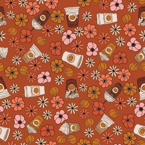 LARGE PSL pumpkin spice latte fabric floral retro fall flowers rust 12in