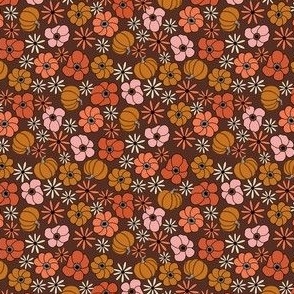 MINI Pumpkin Floral fabric - retro florals design orange_ pink and rust_ brown 4in