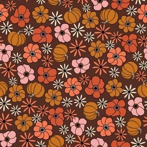 SMALL Pumpkin Floral fabric - retro florals design orange_ pink and rust_ brown 8in