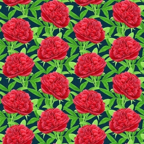 Elegant Watercolour Red Peony on Navy - Small Scale
