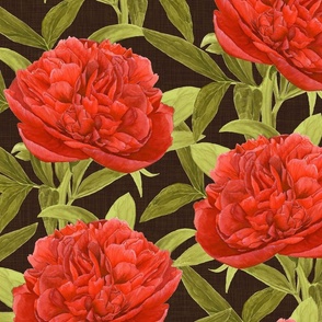 Watercolour Vintage Peony on Brown - Large Scale