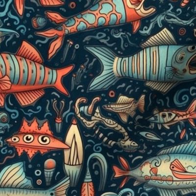 Doodle deep sea oddities orange and blue 